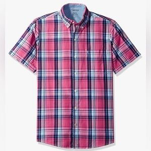 IZOD Men's Saltwater Short Sleeve Button Down Rapture Rose Plaid Shirt Large
